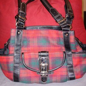 CHAPS Red and Green Cloth Shoulder Bag with Black Trim and Black Straps